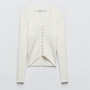 Zara, S, BUTTONED KNIT TOP, Never worn, ribbed, Beige, ICE, V-neck, long sleeves